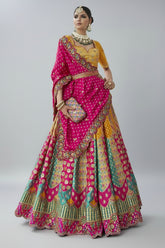 Pink and Mustard Silk Traditional Woven Lehenga with Banarasi Dupatta